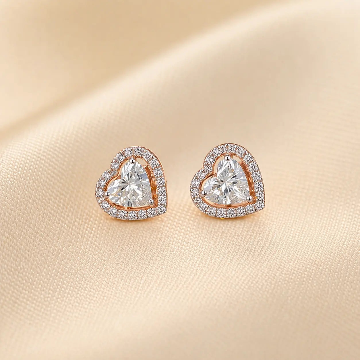Heart Cut Lab Grown Diamond Stud Earrings | 14K Gold Halo, IGI Certified