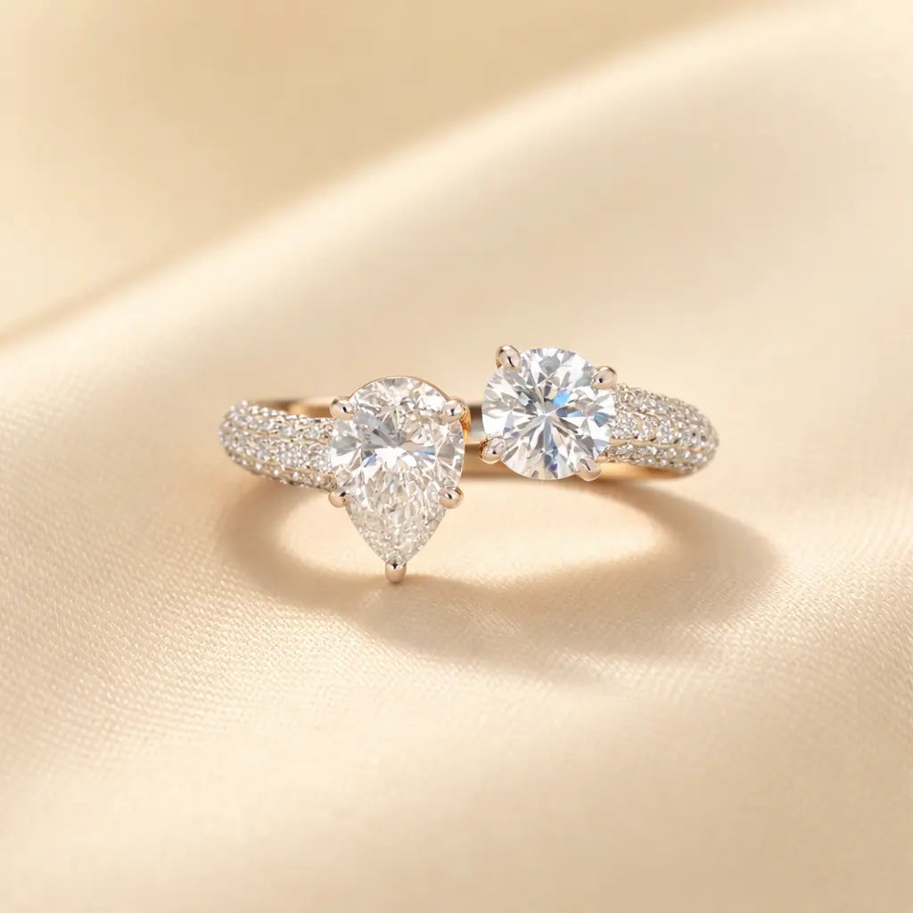 Lab Grown Diamond Toi et Moi Ring: 14K Gold Pear & Round Cut