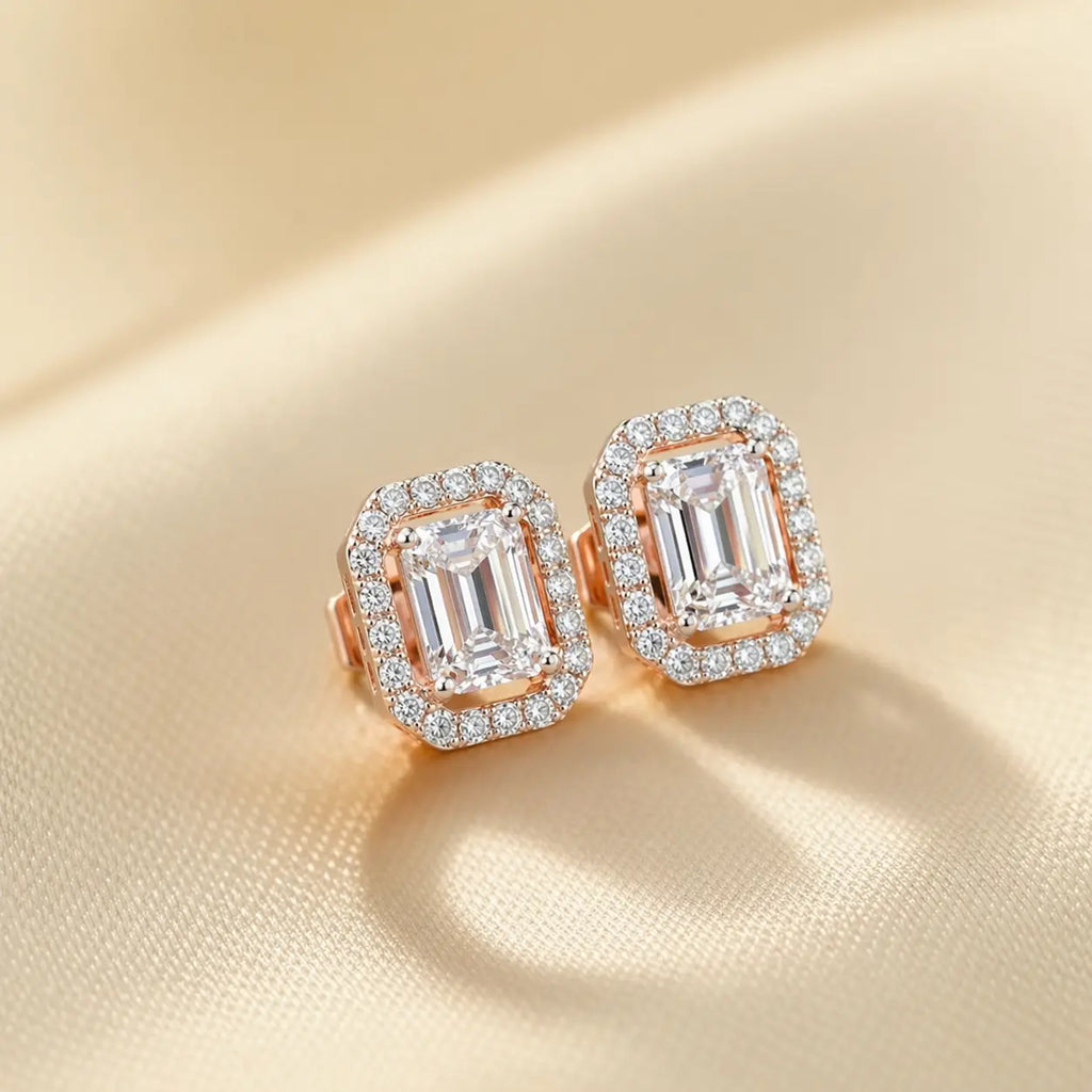 Emerald Cut Lab Grown Diamond Halo Stud Earrings | 14K Gold