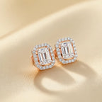 Emerald Cut Lab Grown Diamond Halo Stud Earrings | 14K Gold