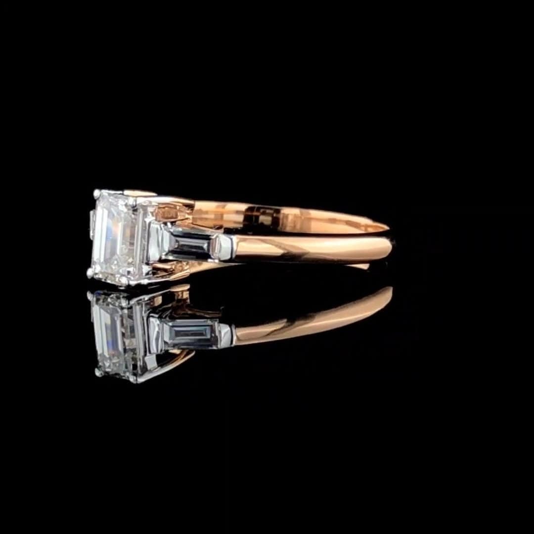 14K Gold Emerald Cut Lab Grown Diamond Ring | Three Stone Engagement Ring