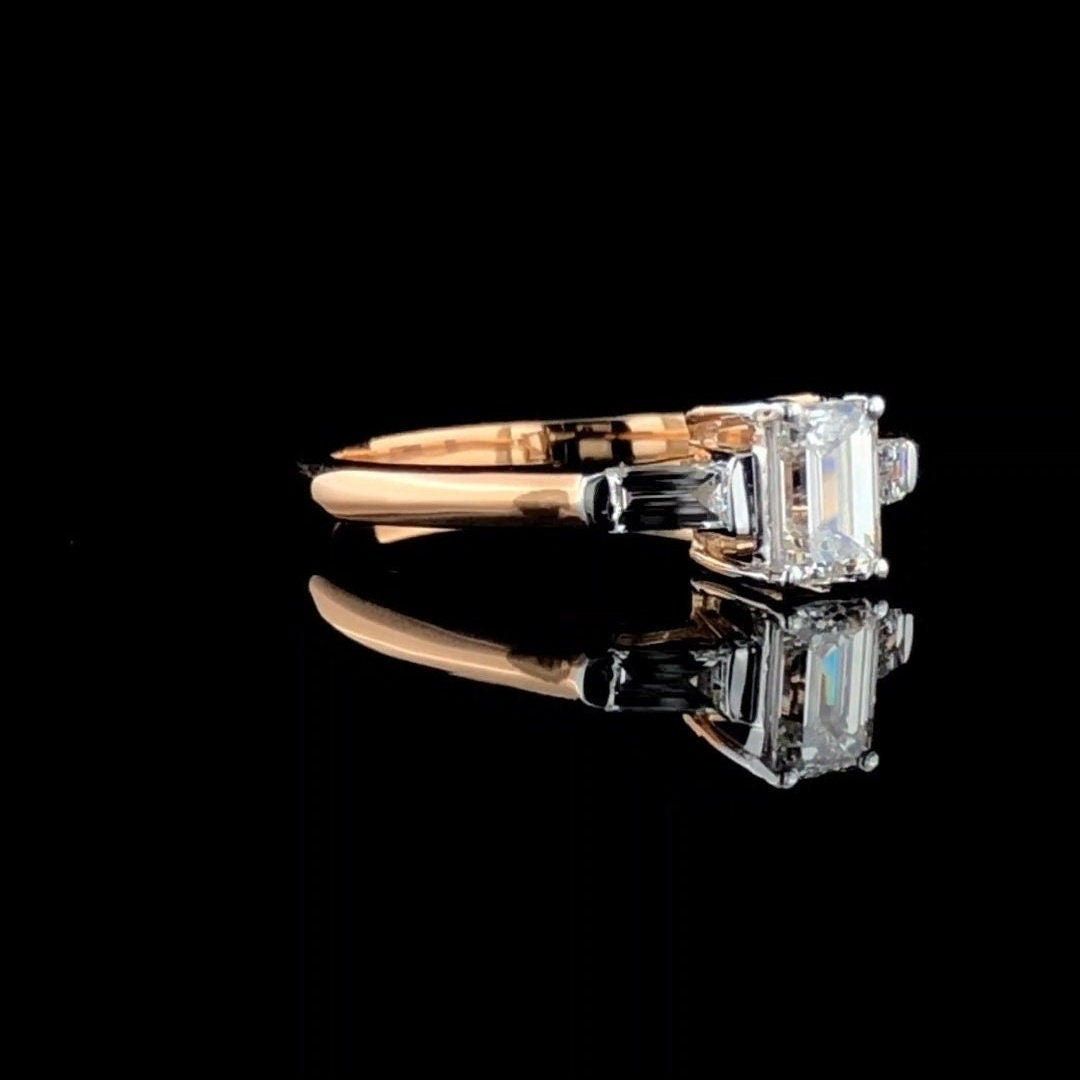 14K Gold Emerald Cut Lab Grown Diamond Ring | Three Stone Engagement Ring