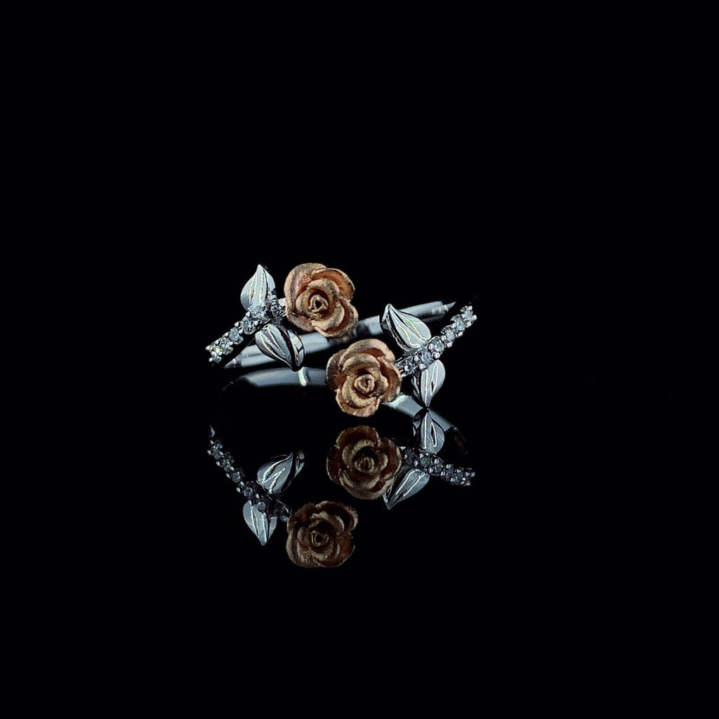 Two Tone 14K Gold Flower Ring: Lab Grown CVD Diamond Rose