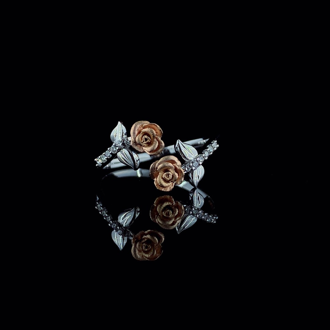 Two Tone 14K Gold Flower Ring: Lab Grown CVD Diamond Rose