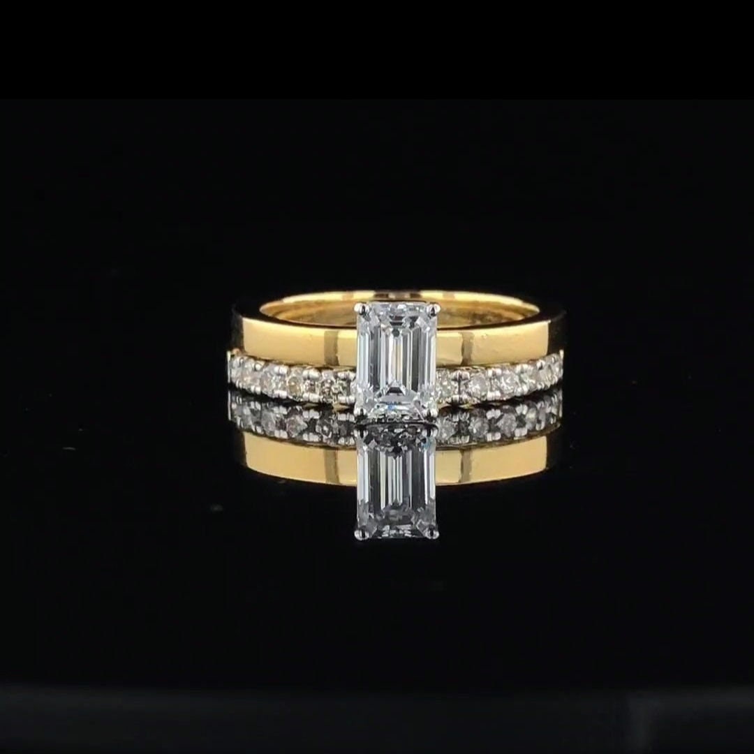 1.25ct Emerald Cut Lab Grown Diamond Ring | 14K Gold Wedding Set