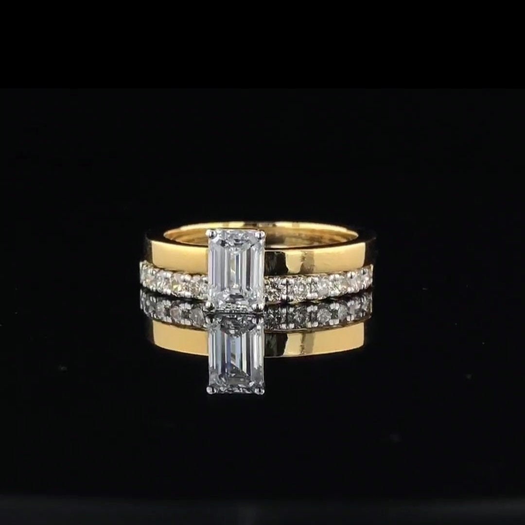 1.25ct Emerald Cut Lab Grown Diamond Ring | 14K Gold Wedding Set
