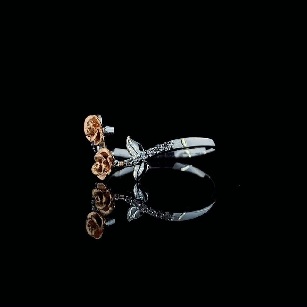 Two Tone 14K Gold Flower Ring: Lab Grown CVD Diamond Rose