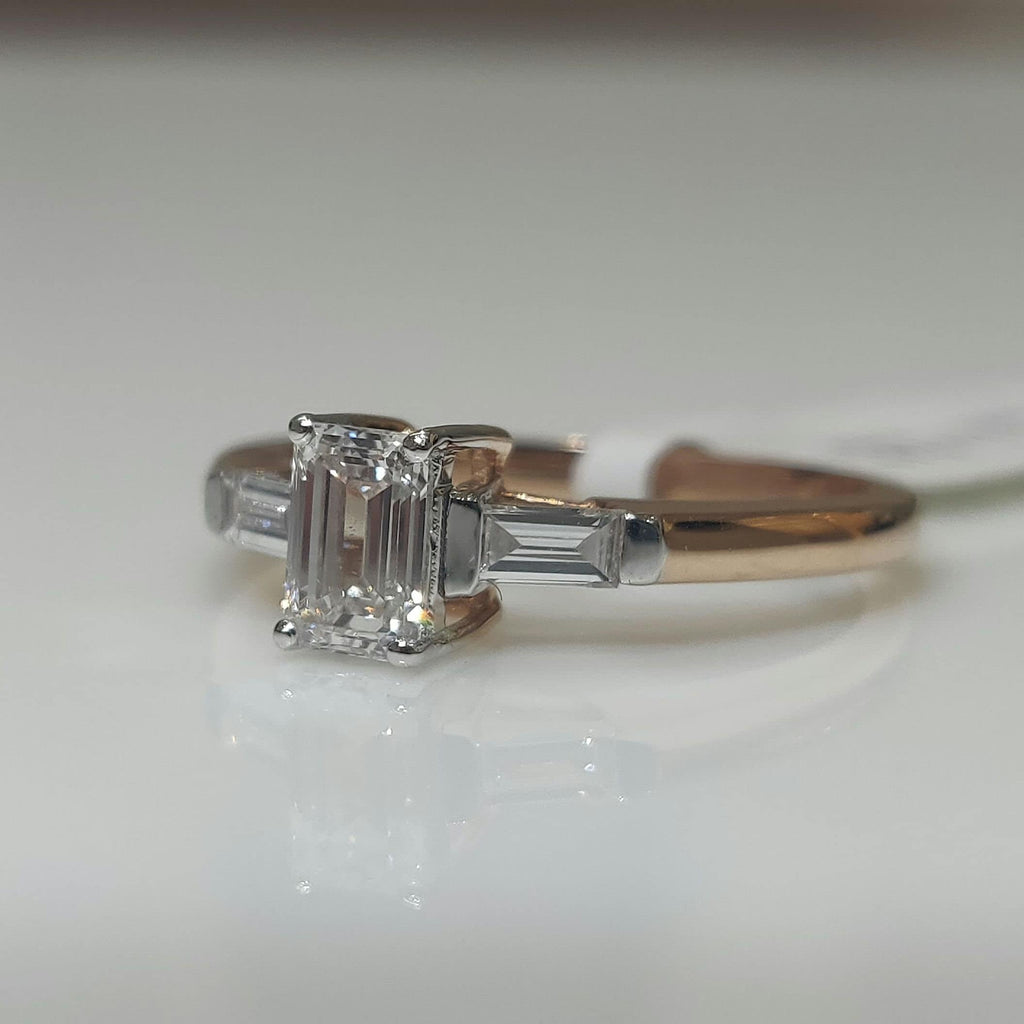14K Gold Emerald Cut Lab Grown Diamond Ring | Three Stone Engagement Ring