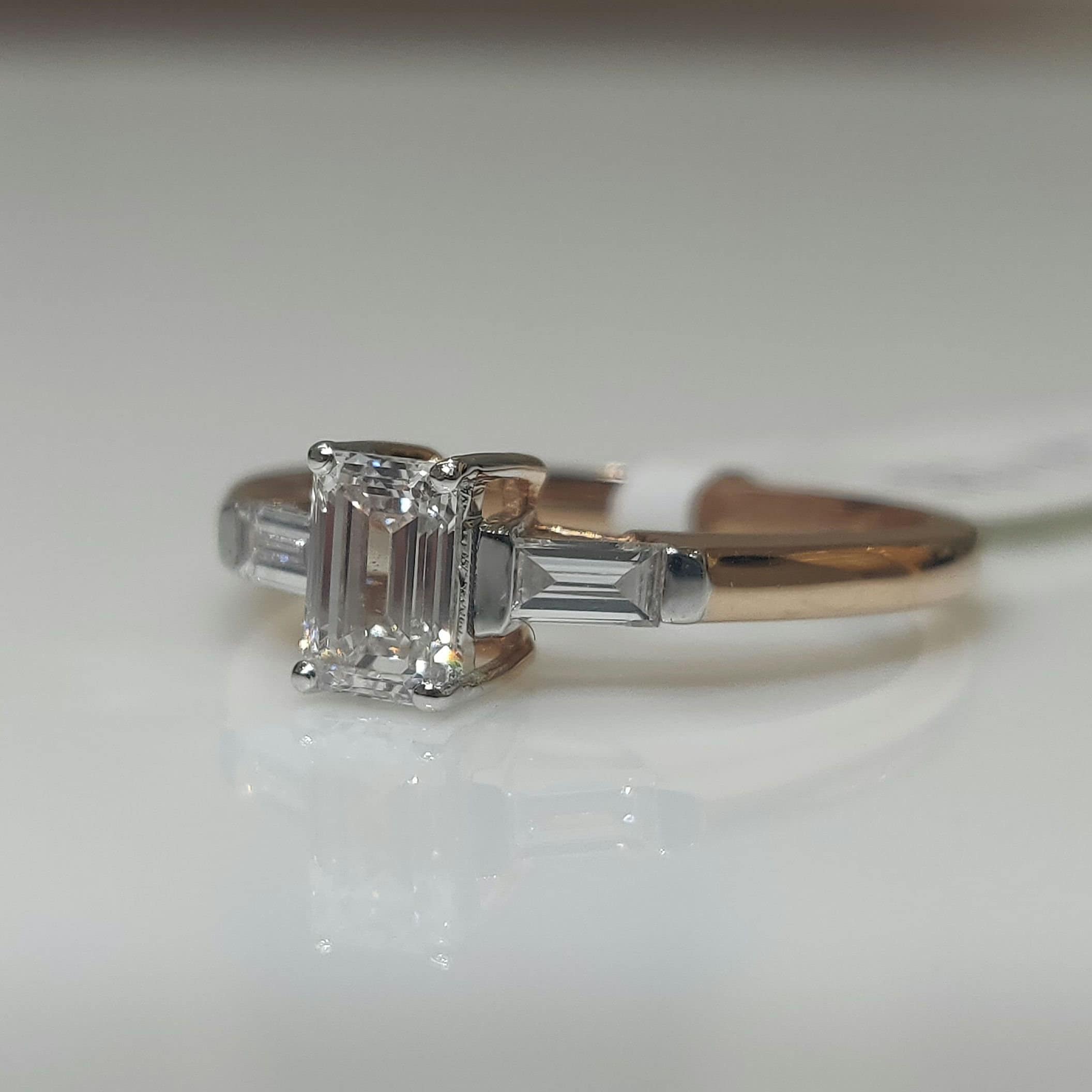 14K Gold Emerald Cut Lab Grown Diamond Ring | Three Stone Engagement Ring
