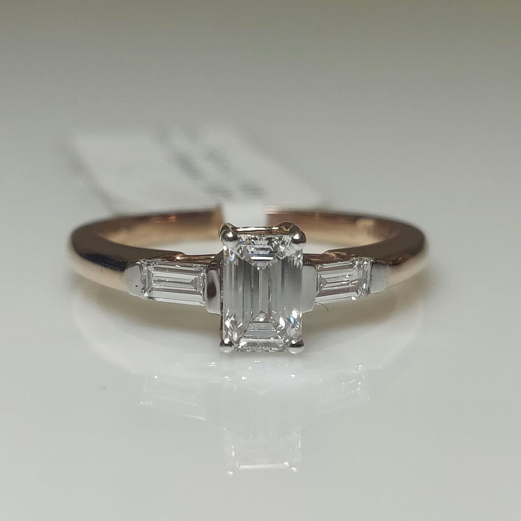 14K Gold Emerald Cut Lab Grown Diamond Ring | Three Stone Engagement Ring