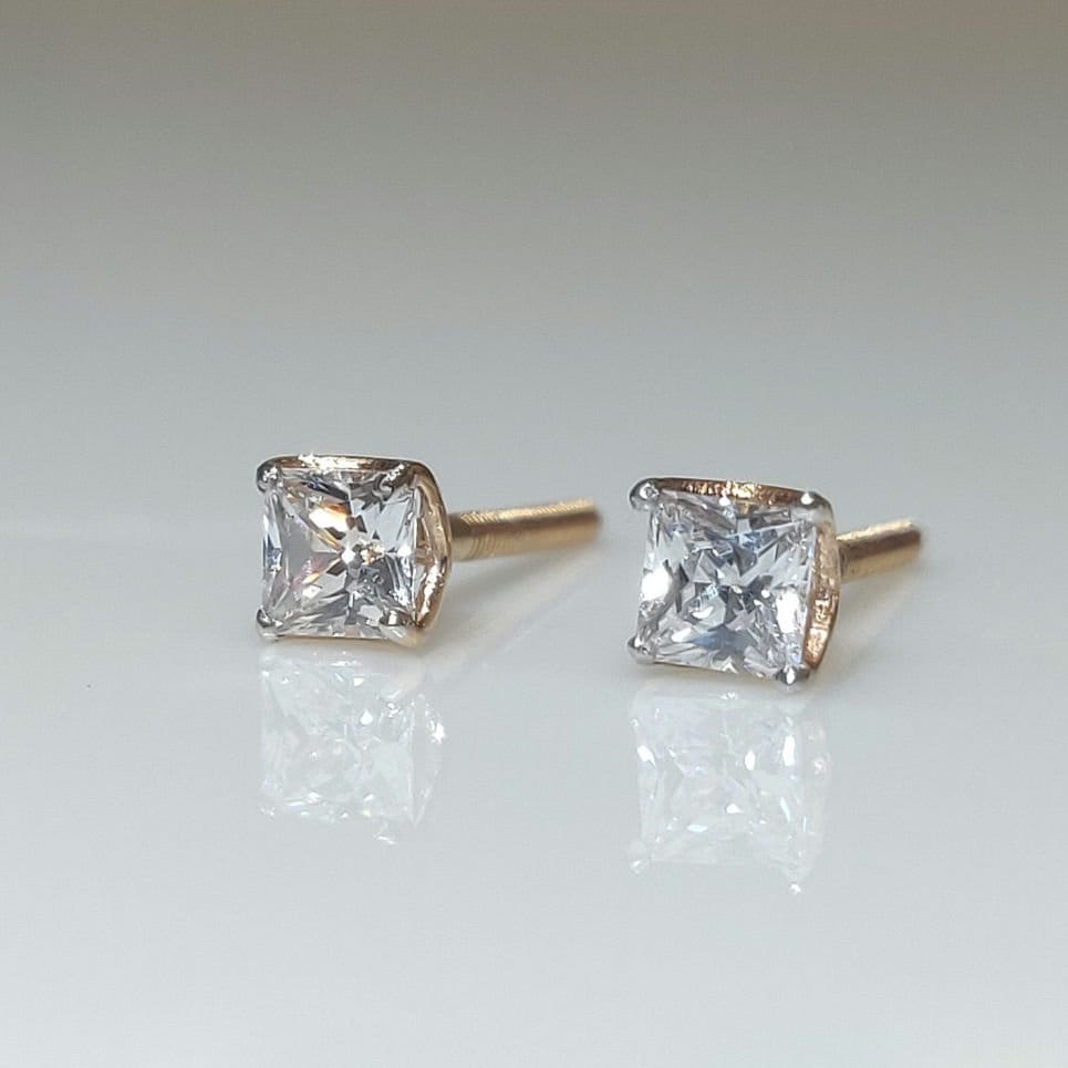 Princess Cut Lab Grown Diamond Stud Earrings | 14K Gold
