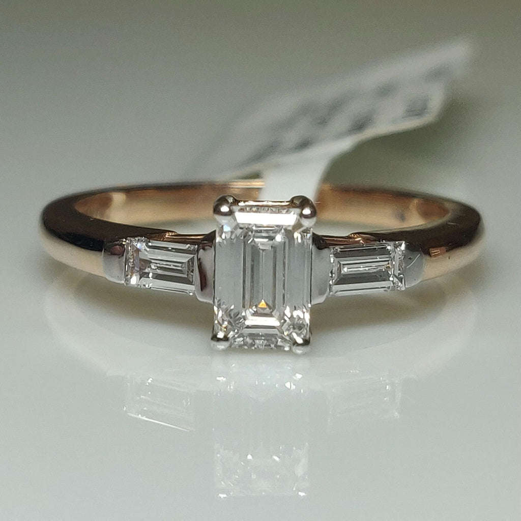 14K Gold Emerald Cut Lab Grown Diamond Ring | Three Stone Engagement Ring