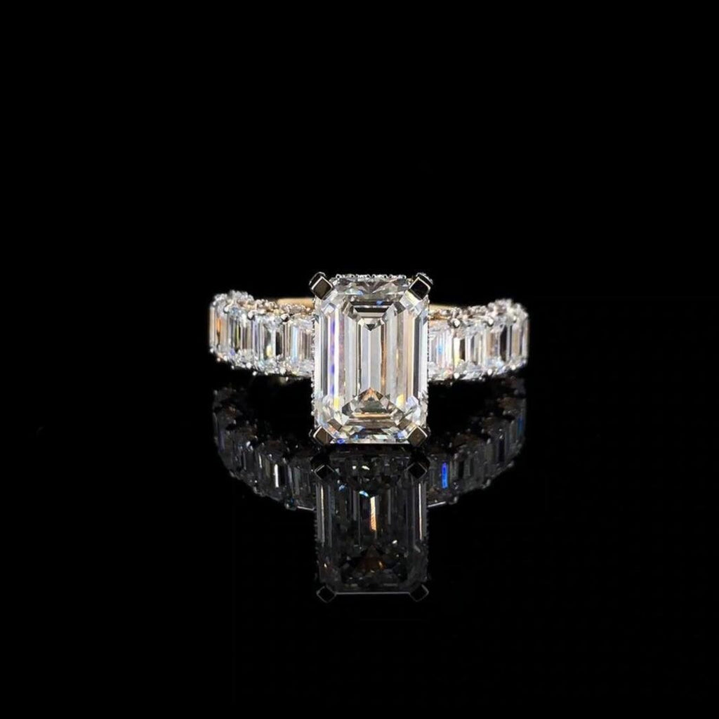 Emerald Cut Lab Grown Diamond Engagement Ring | 14K Gold Hidden Halo