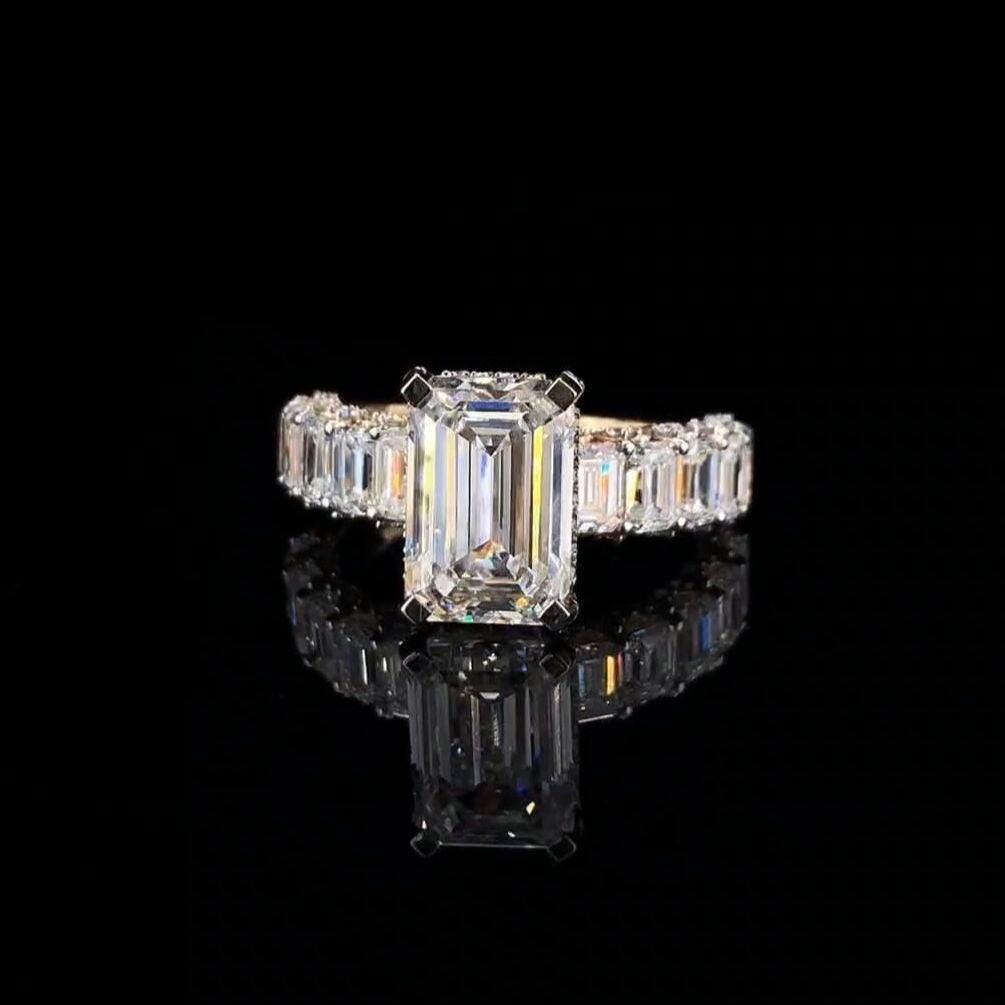 Emerald Cut Lab Grown Diamond Engagement Ring | 14K Gold Hidden Halo