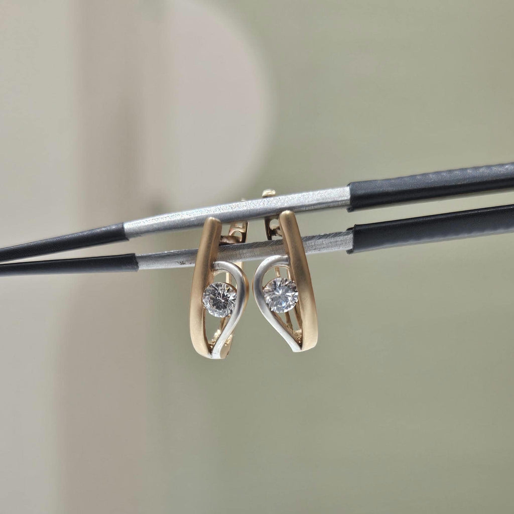 14K Two Tone Gold Lab Grown Diamond Hoop Earrings: Matte U-Shape Huggies