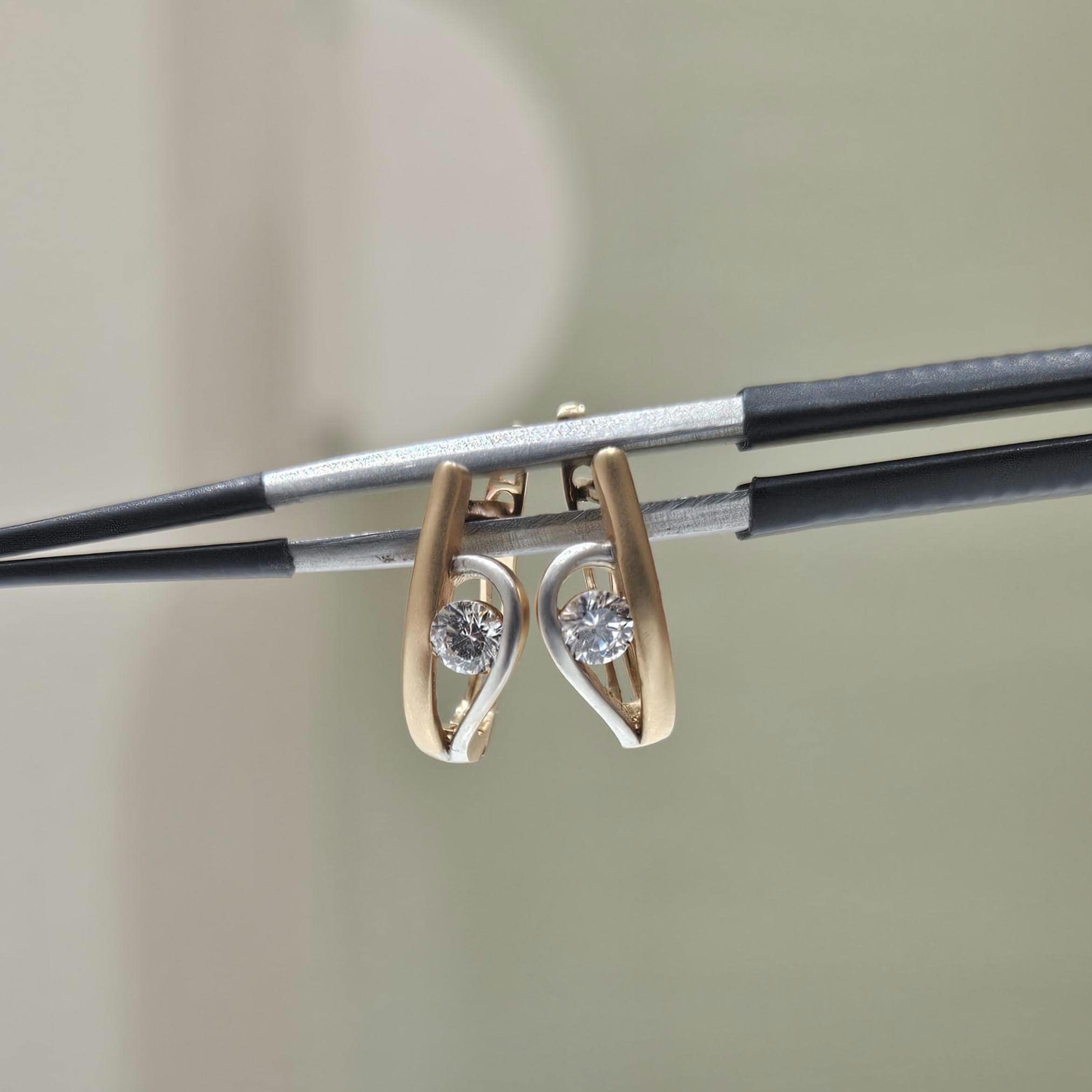 14K Two Tone Gold Lab Grown Diamond Hoop Earrings: Matte U-Shape Huggies