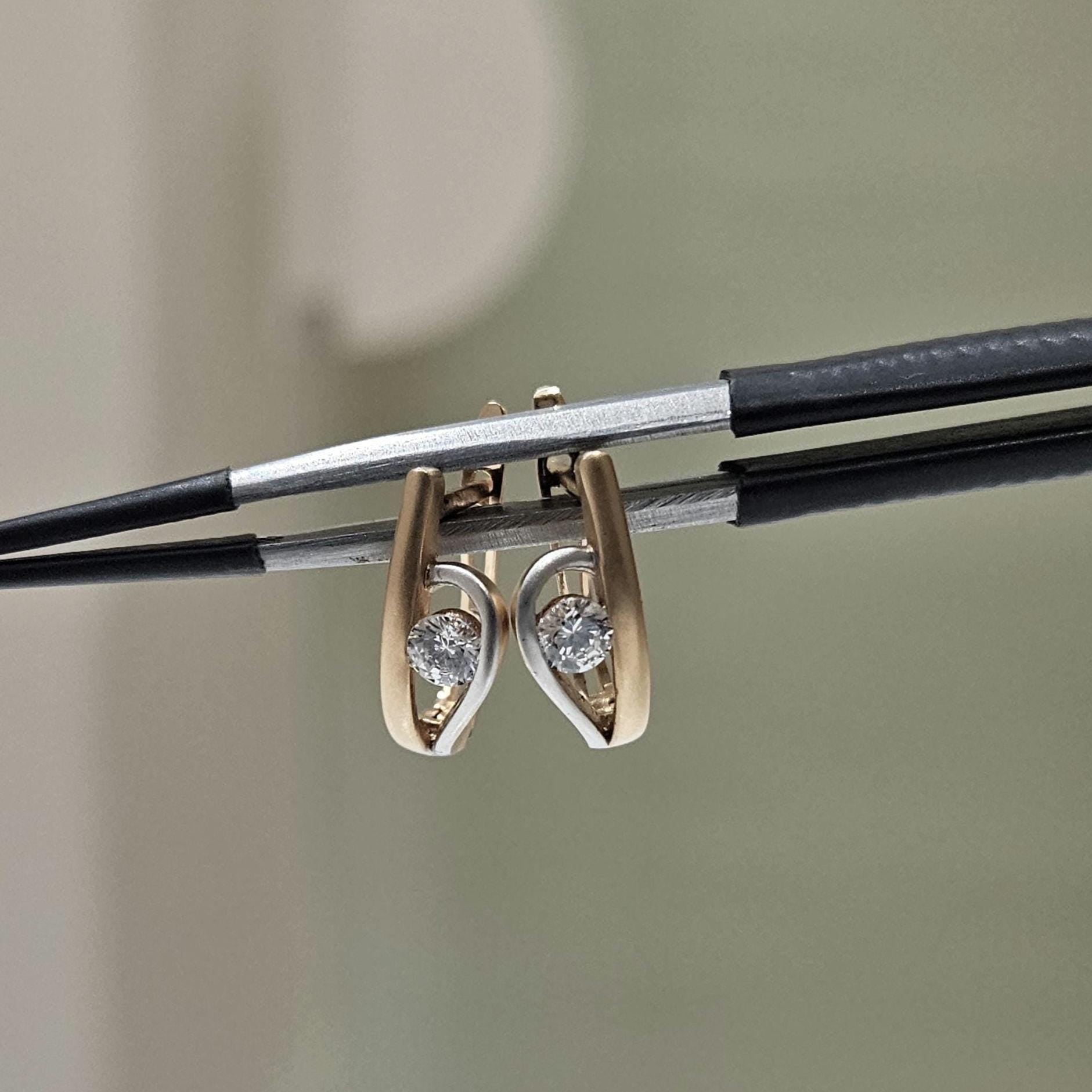 14K Two Tone Gold Lab Grown Diamond Hoop Earrings: Matte U-Shape Huggies