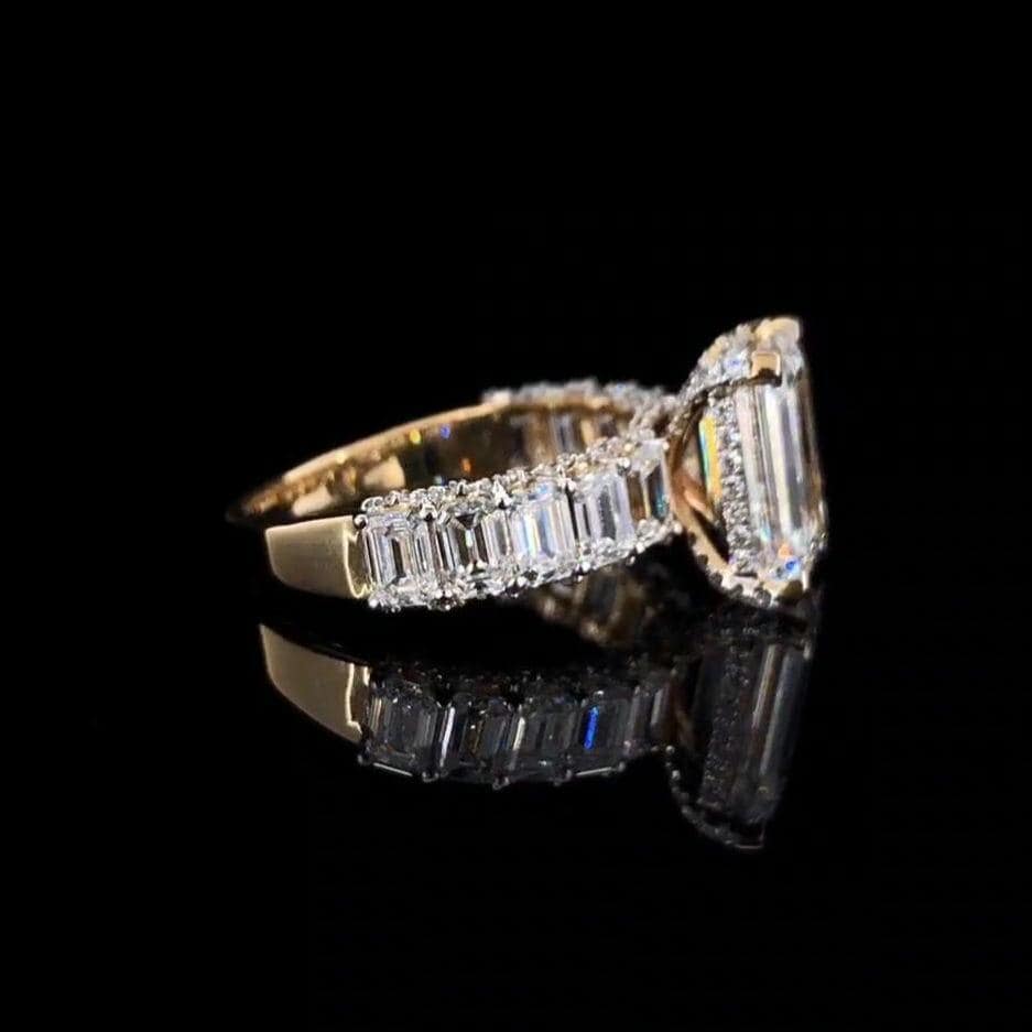 Emerald Cut Lab Grown Diamond Engagement Ring | 14K Gold Hidden Halo