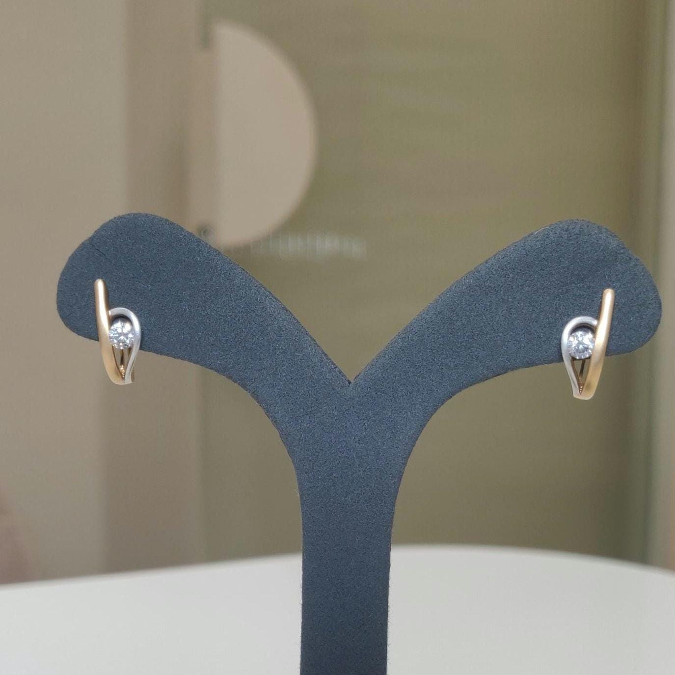 14K Two Tone Gold Lab Grown Diamond Hoop Earrings: Matte U-Shape Huggies