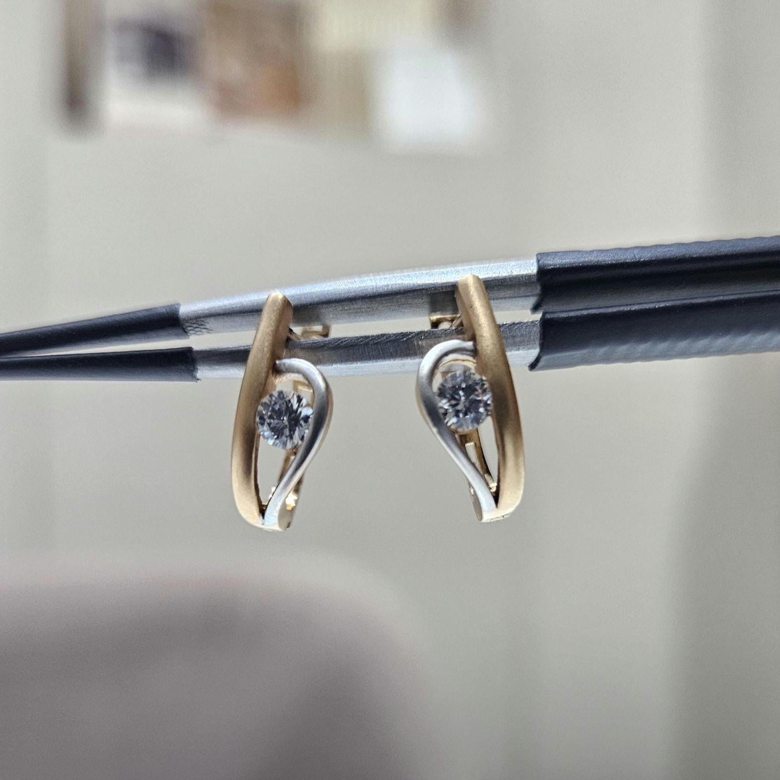 14K Two Tone Gold Lab Grown Diamond Hoop Earrings: Matte U-Shape Huggies