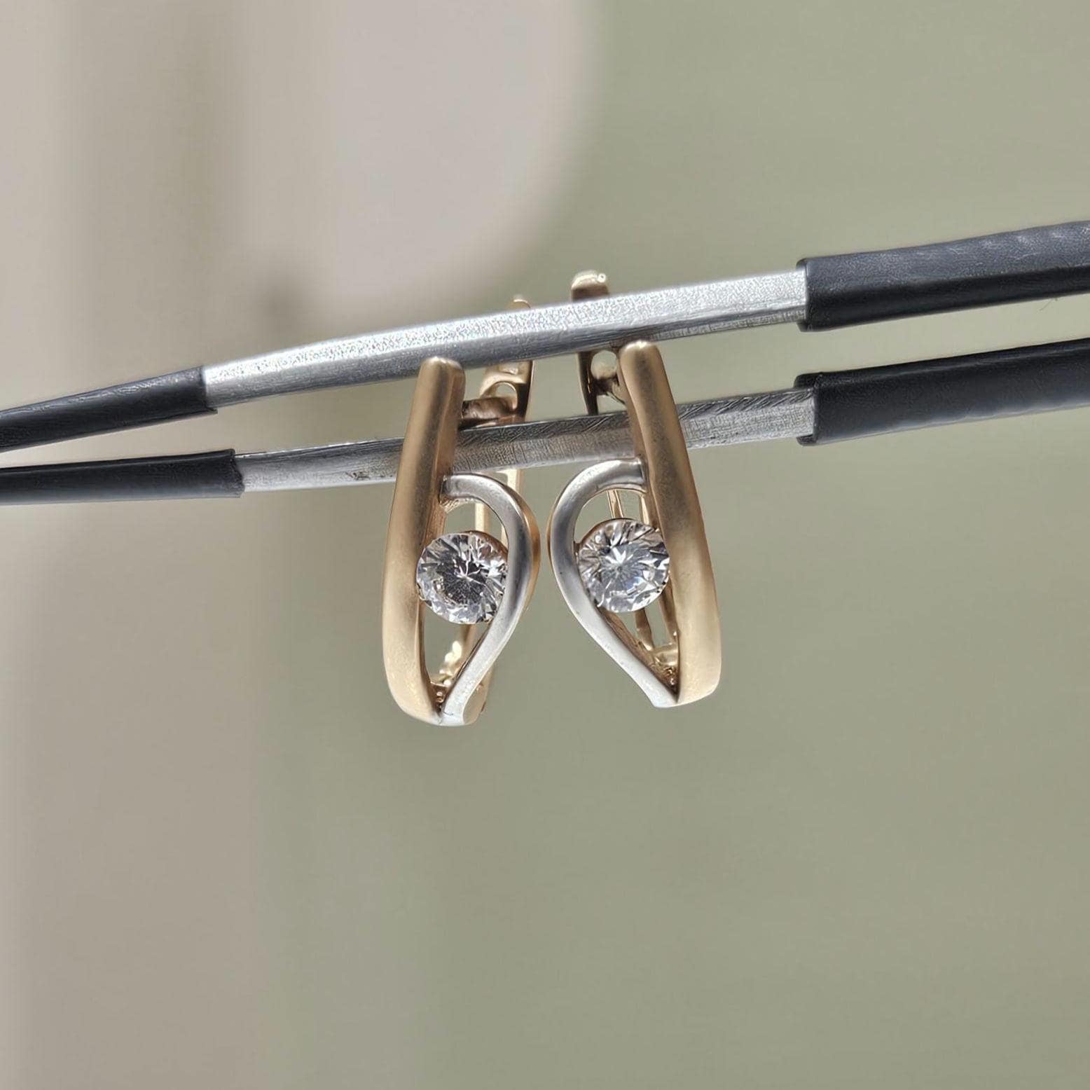 14K Two Tone Gold Lab Grown Diamond Hoop Earrings: Matte U-Shape Huggies