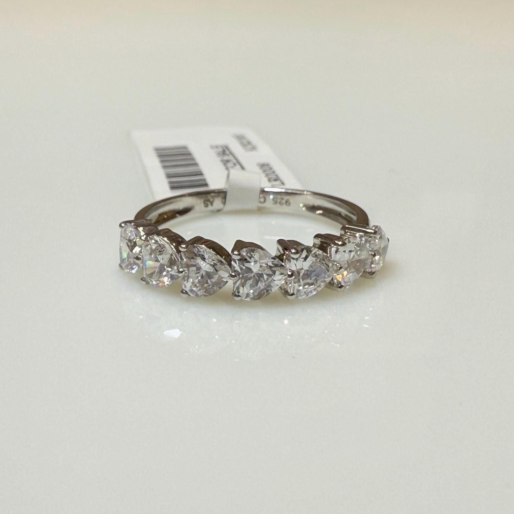 14K Gold Heart Cut Lab Diamond Wedding Band: 7 Stone Half Eternity Ring