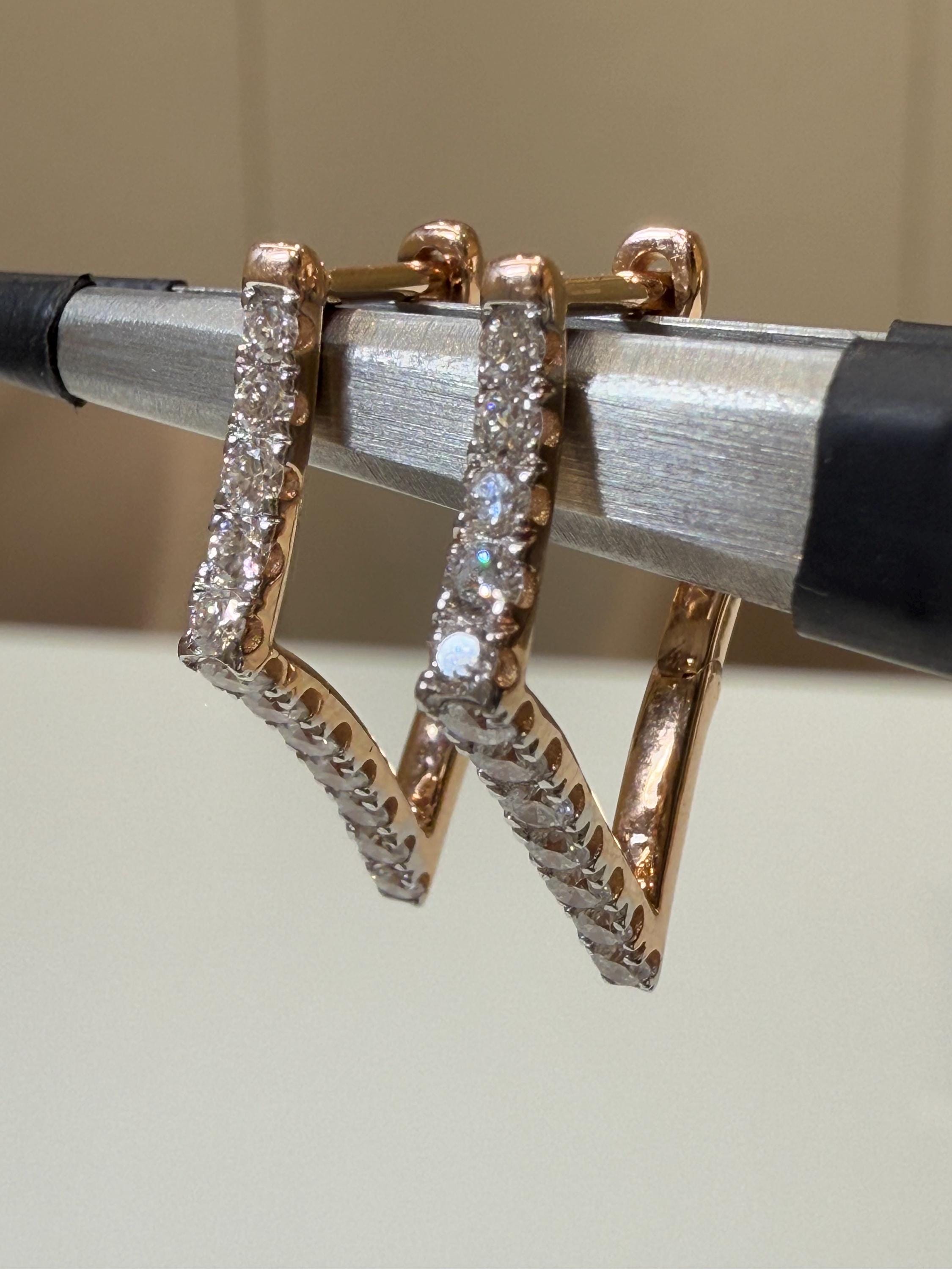 14K Gold Lab Grown Diamond Huggie Earrings: Geometric Dangle Hoops