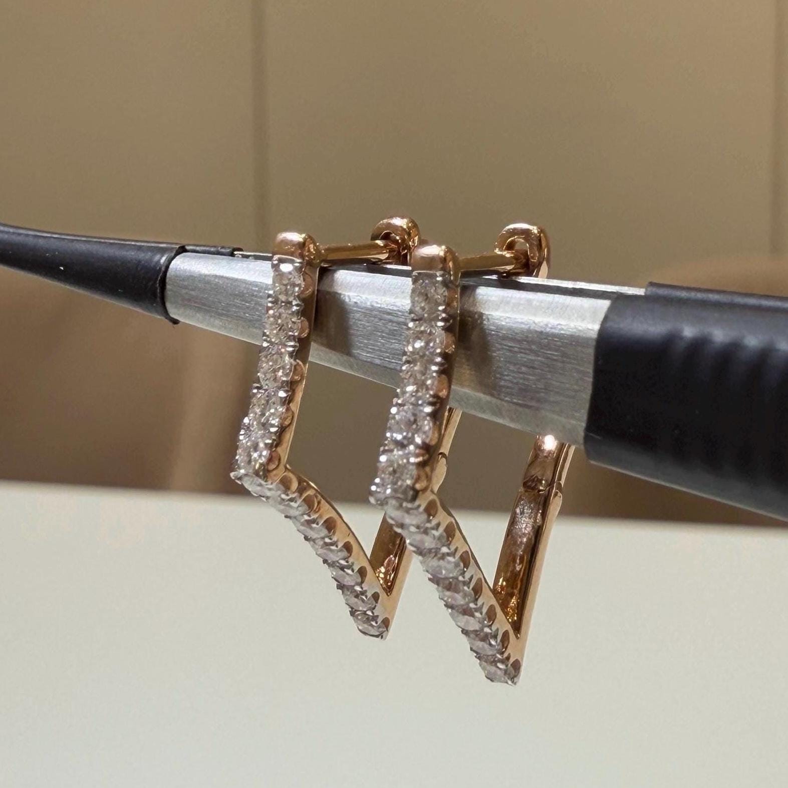 14K Gold Lab Grown Diamond Huggie Earrings: Geometric Dangle Hoops