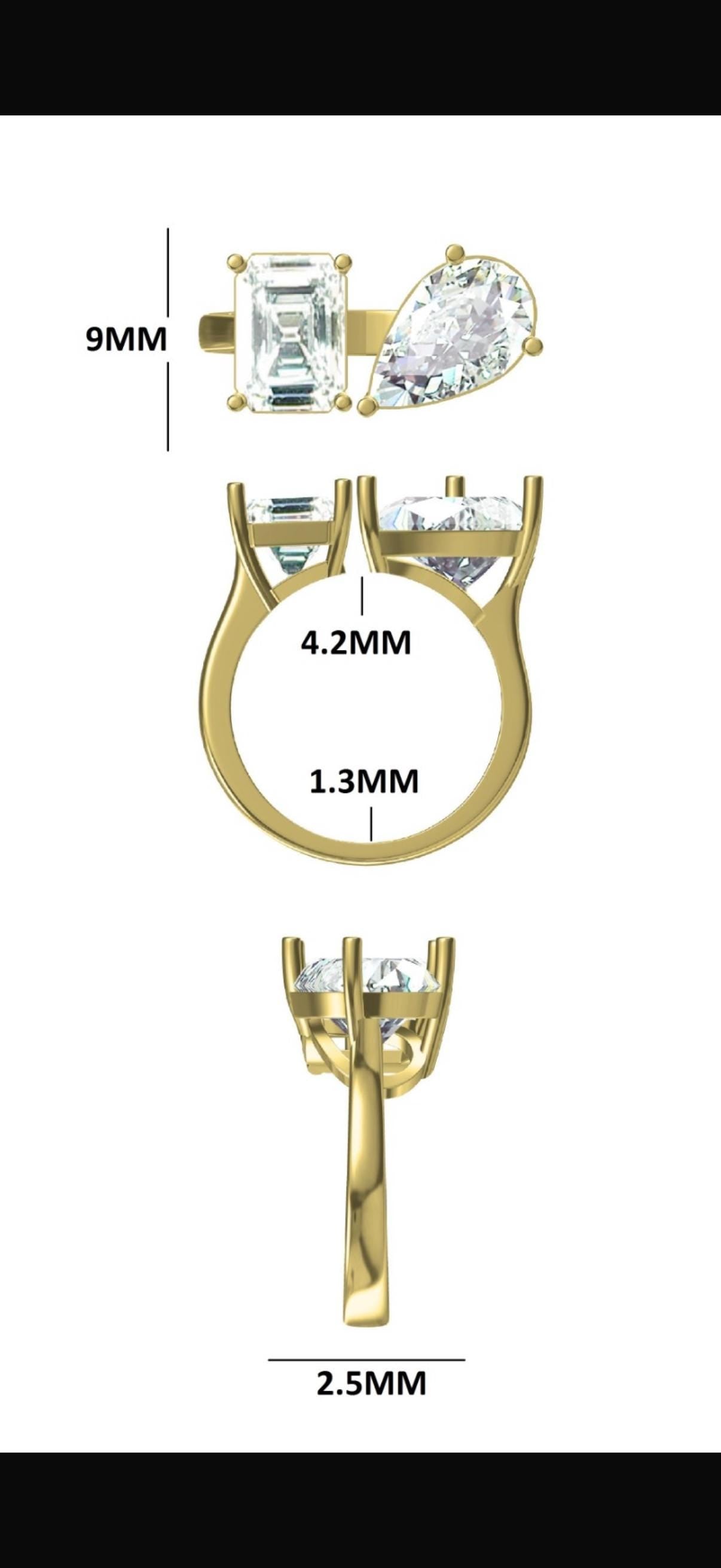 4CT Lab Grown Diamond Toi et Moi Ring: 14K Gold Radiant & Pear Cut