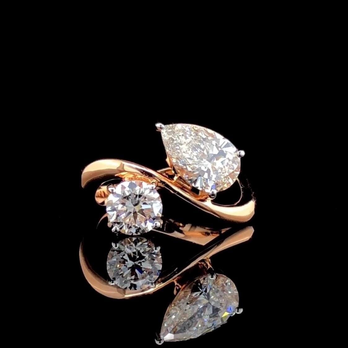 Lab Grown Diamond Toi et Moi Ring: 14K Gold Pear & Round Cut