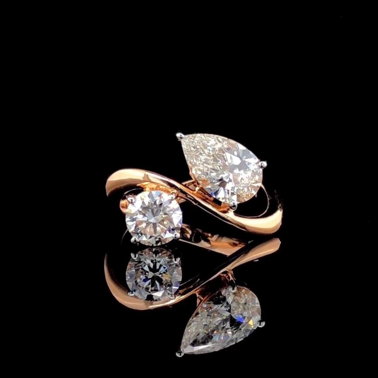 Lab Grown Diamond Toi et Moi Ring: 14K Gold Pear & Round Cut