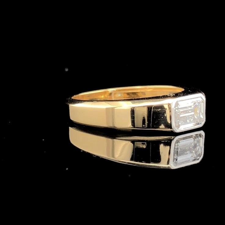 Emerald Cut 2CT Lab Grown Diamond Mens Ring: 14K Gold Bezel Set