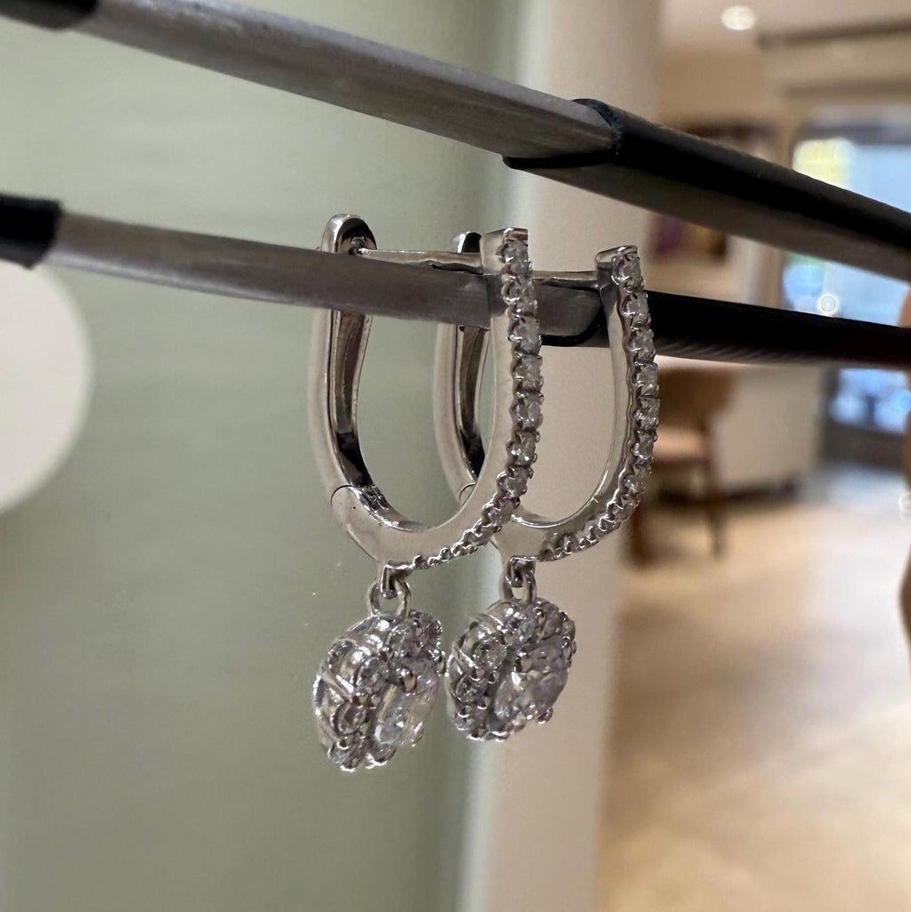 14K Gold Lab Grown Diamond Huggie Earrings: Floral Drop Dangle