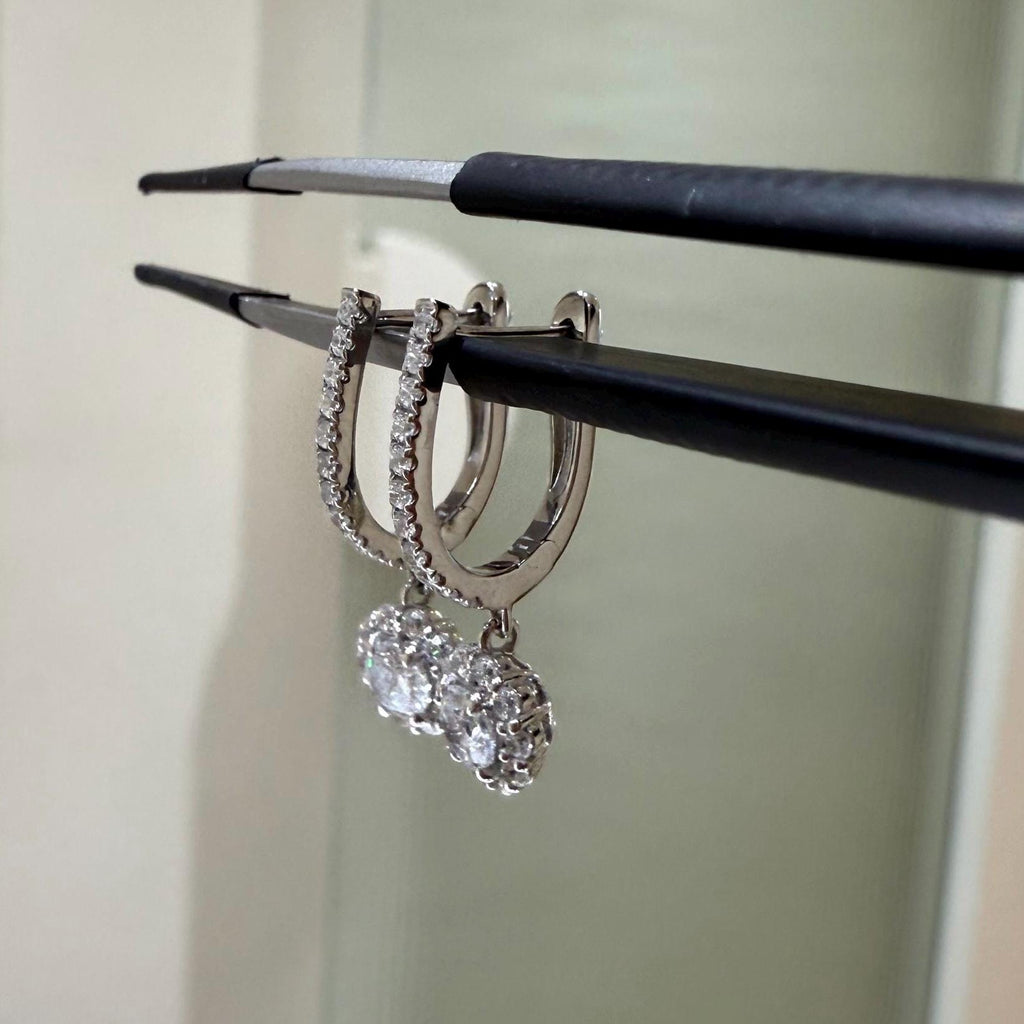 14K Gold Lab Grown Diamond Huggie Earrings: Floral Drop Dangle