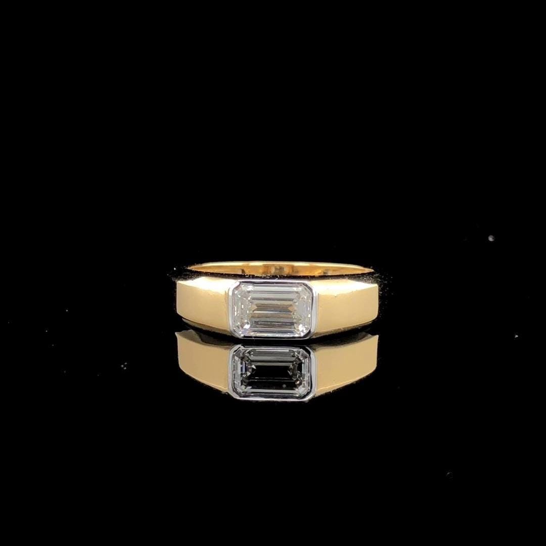 Emerald Cut 2CT Lab Grown Diamond Mens Ring: 14K Gold Bezel Set