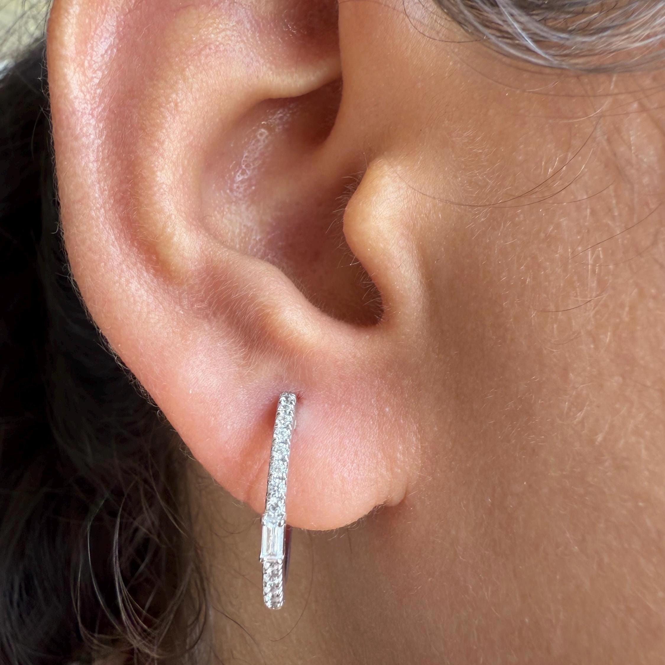 14K Gold Lab Grown Diamond Hoop Earrings: Baguette Accent