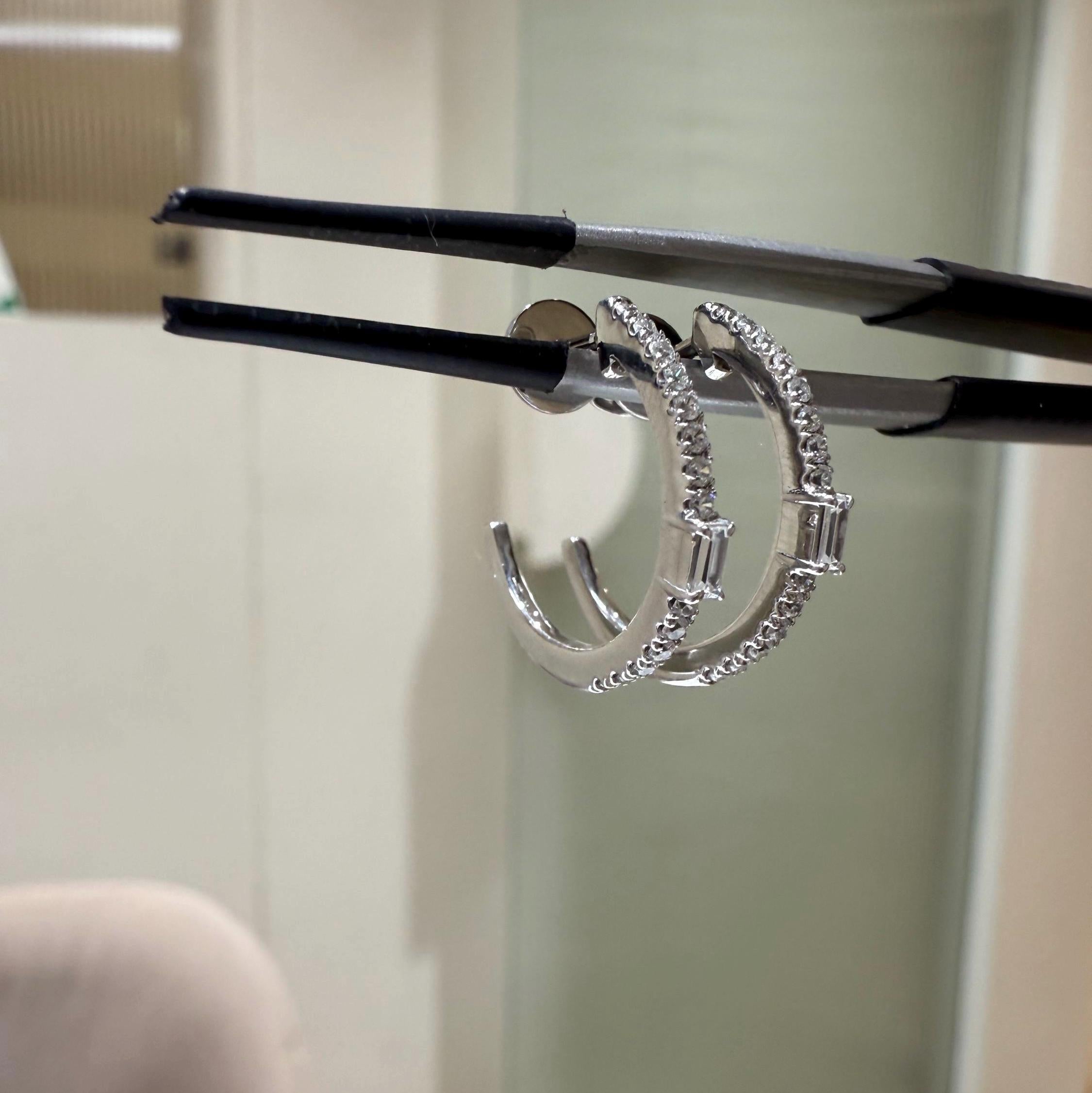 14K Gold Lab Grown Diamond Hoop Earrings: Baguette Accent