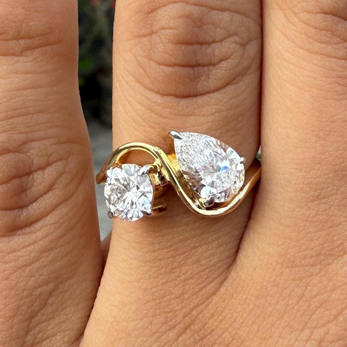 Lab Grown Diamond Toi et Moi Ring: 14K Gold Pear & Round Cut