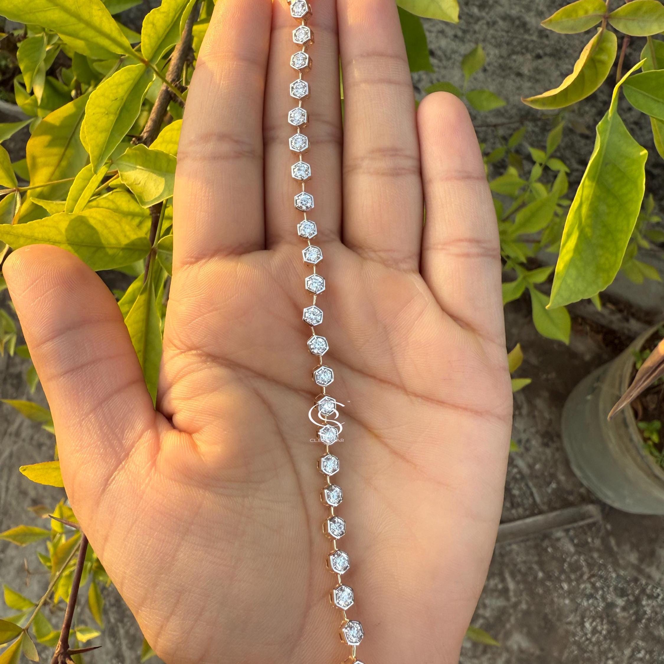 Lab Grown Diamond Tennis Bracelet, 14K Gold Hexagon Bezel