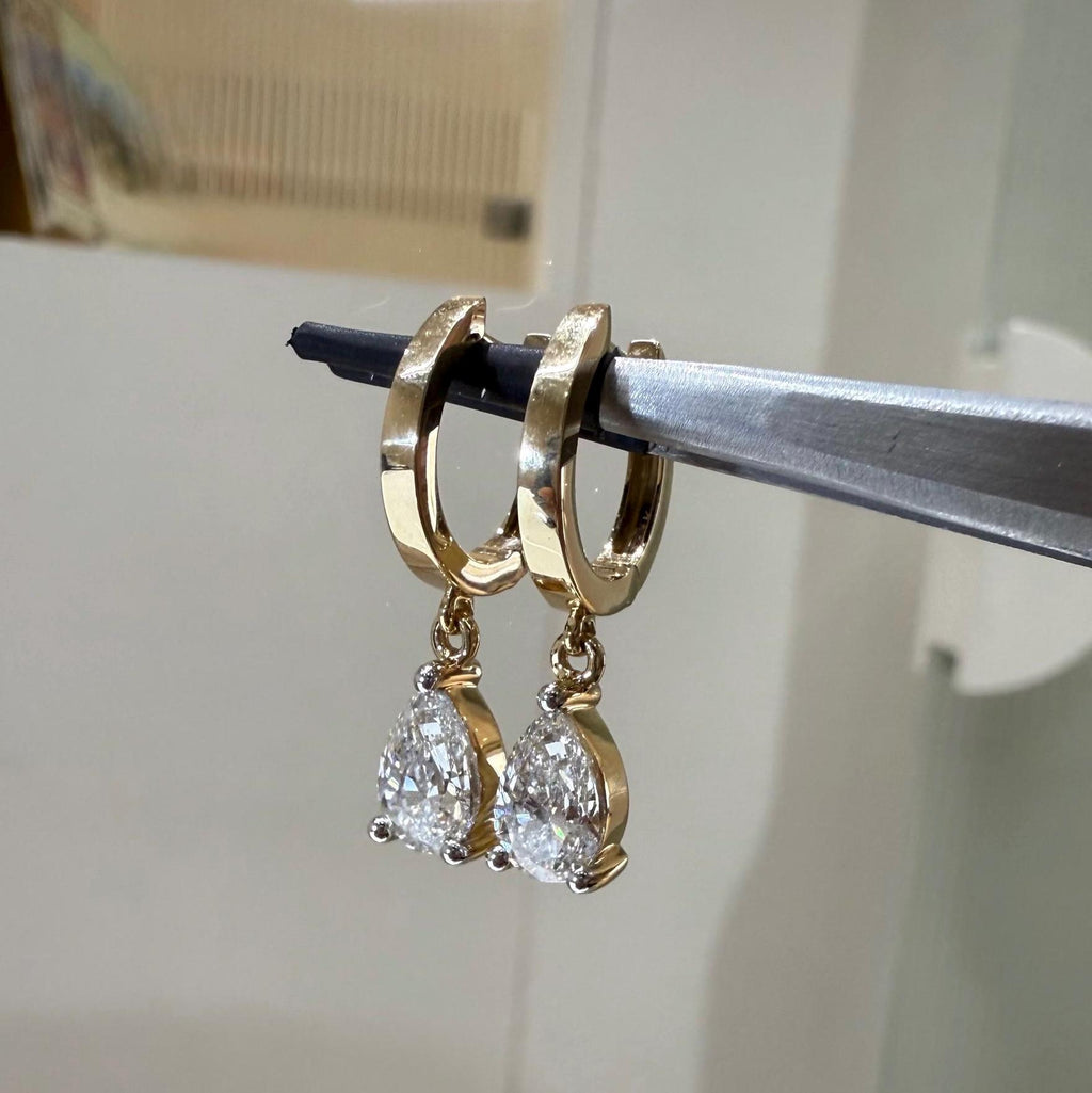 14K Gold Lab Grown Diamond Huggie Earrings | 2CT Pear Drop Hoops, IGI Certified
