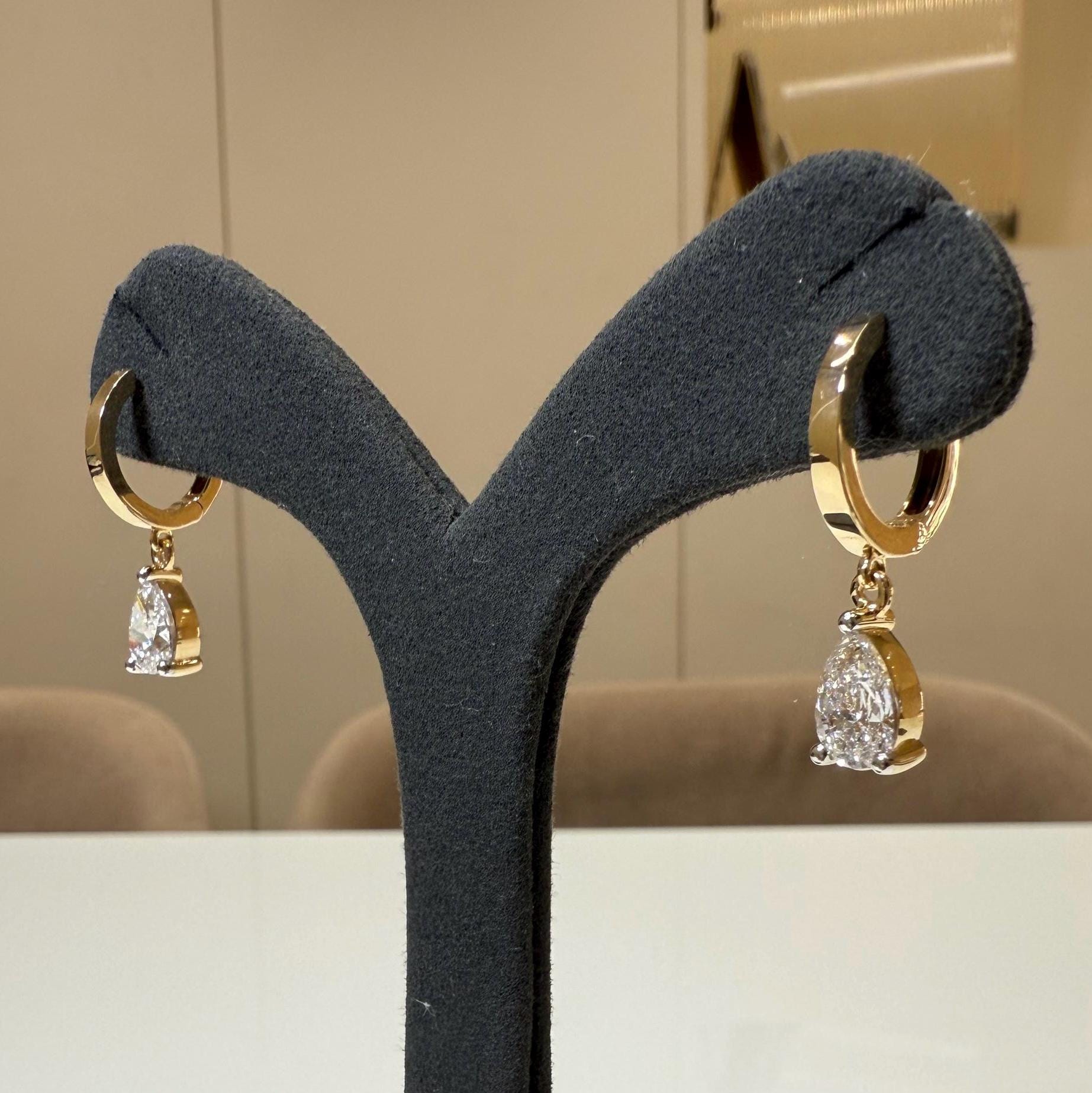 14K Gold Lab Grown Diamond Huggie Earrings | 2CT Pear Drop Hoops, IGI Certified