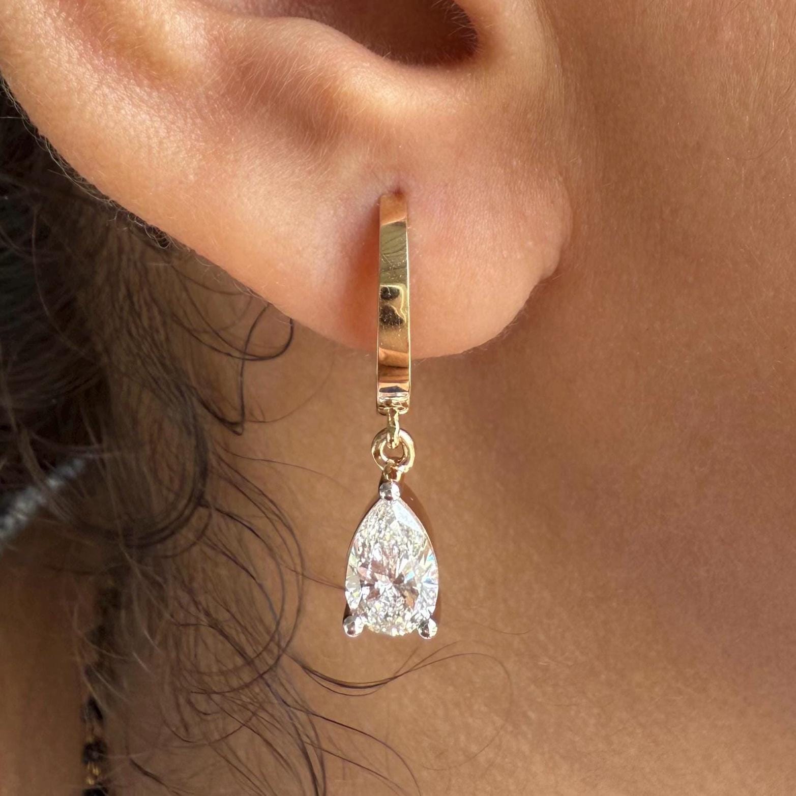 14K Gold Lab Grown Diamond Huggie Earrings | 2CT Pear Drop Hoops, IGI Certified