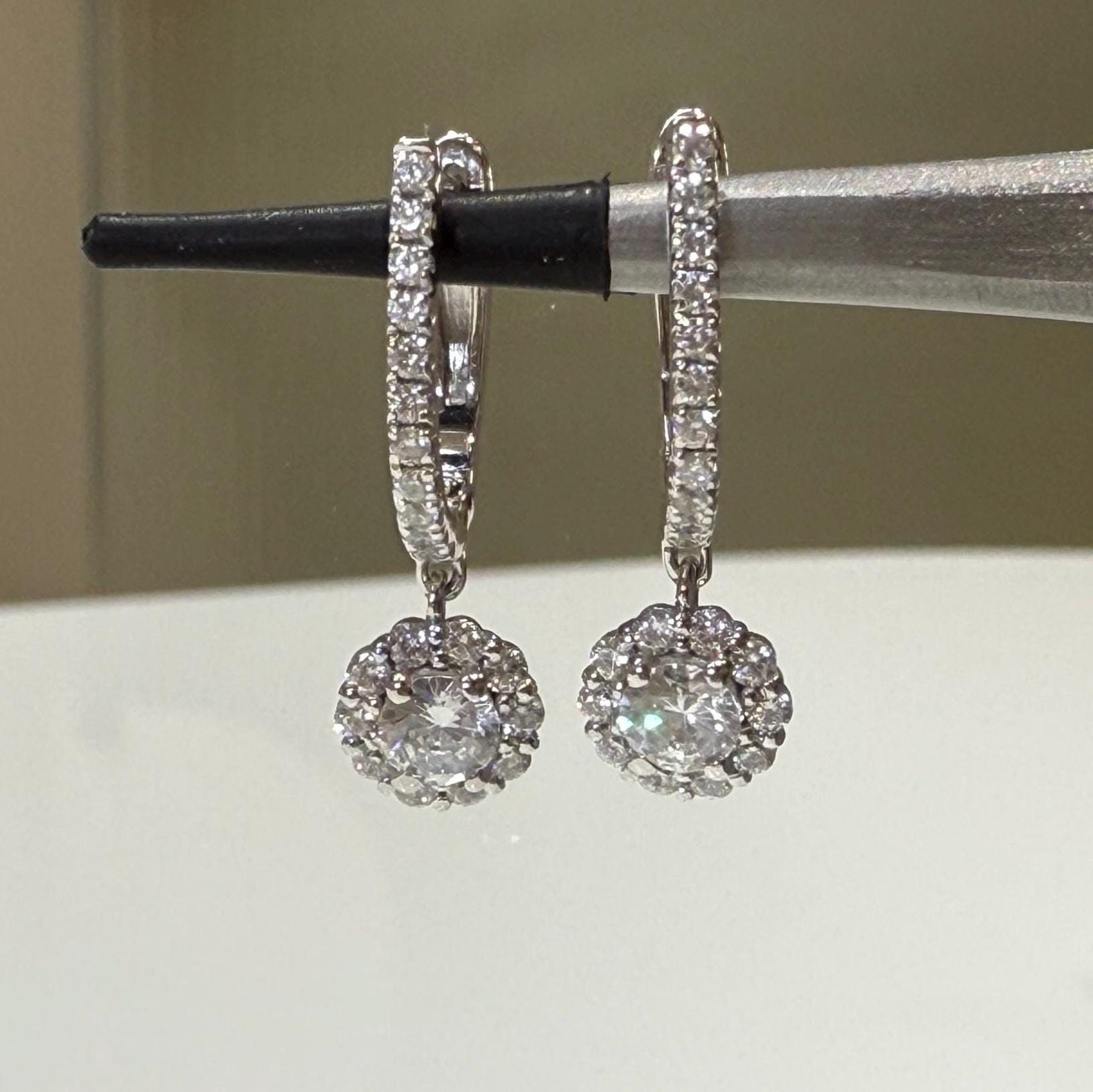 14K Gold Lab Grown Diamond Huggie Earrings: Floral Drop Dangle