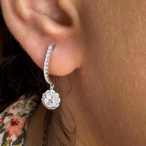 14K Gold Lab Grown Diamond Huggie Earrings: Floral Drop Dangle