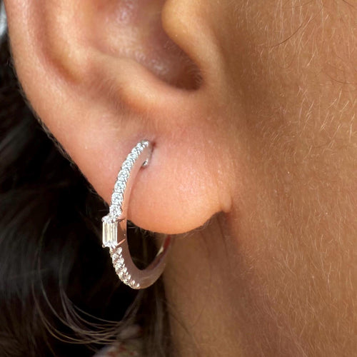 14K Gold Lab Grown Diamond Hoop Earrings: Baguette Accent