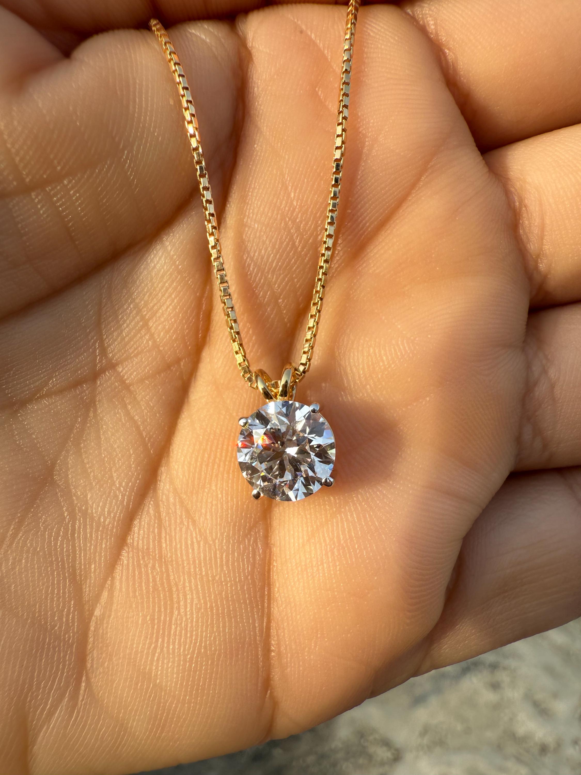 2.5 CT Lab Grown Diamond Solitaire Pendant: 14K Gold Box Chain Necklace