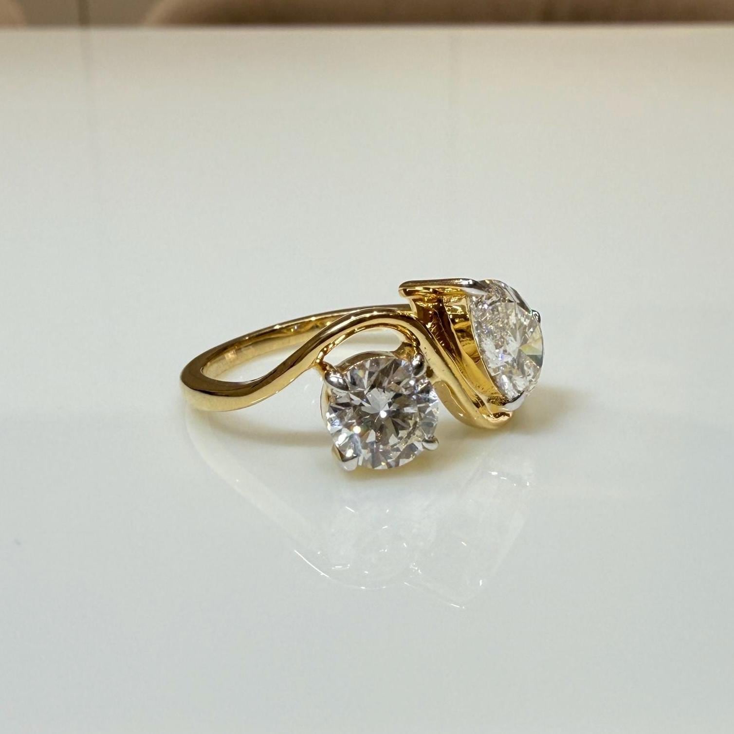 Lab Grown Diamond Toi et Moi Ring: 14K Gold Pear & Round Cut