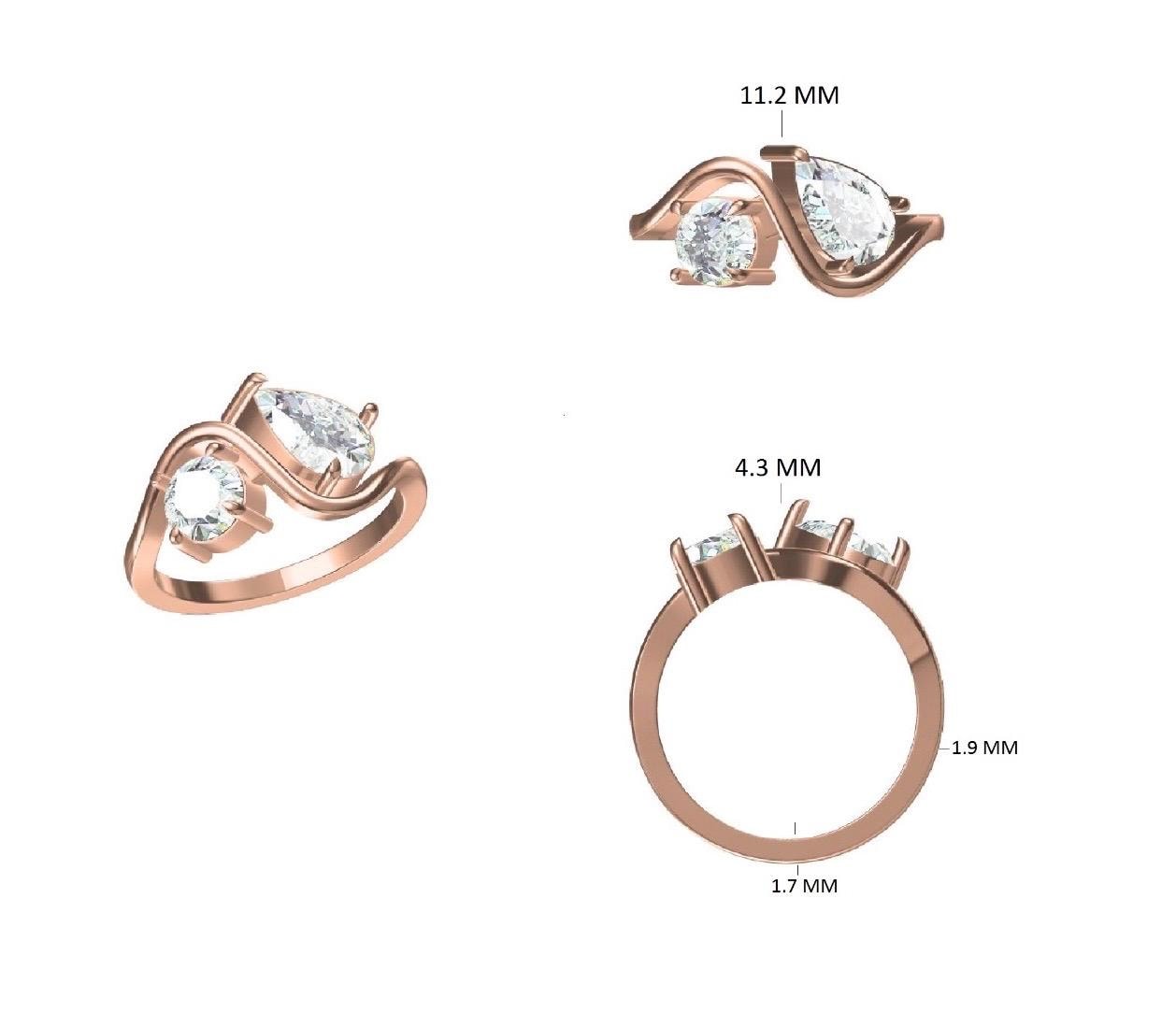 Lab Grown Diamond Toi et Moi Ring: 14K Gold Pear & Round Cut