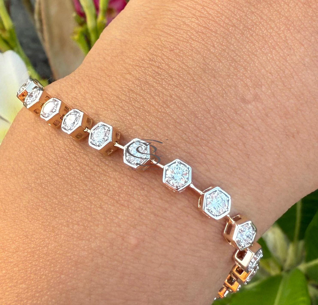 Lab Grown Diamond Tennis Bracelet, 14K Gold Hexagon Bezel
