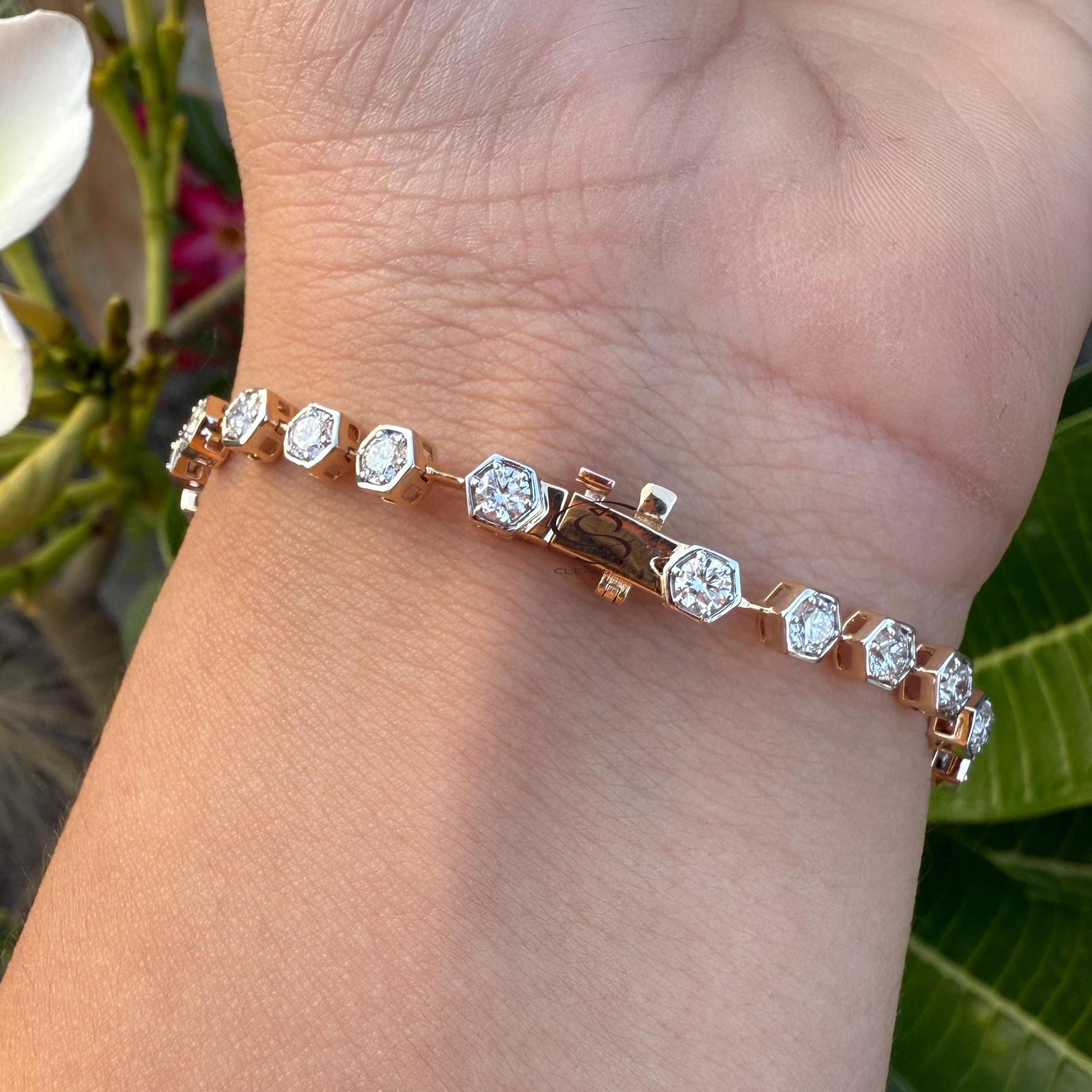Lab Grown Diamond Tennis Bracelet, 14K Gold Hexagon Bezel